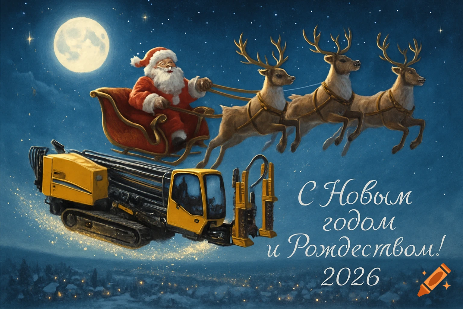 Santa's sleigh, pulled by reindeer and a yellow drilling rig, flies across a starry night sky with a full moon and snowy town, featuring Russian New Year greetings.