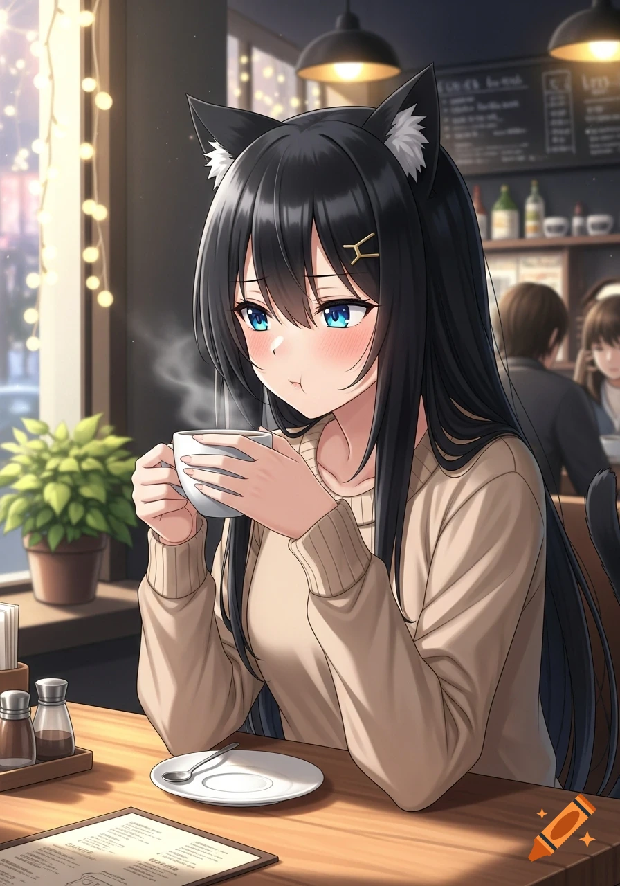 Anime catgirl with black hair and blue eyes, wearing a beige sweater, pouting while holding a coffee cup at a cafe table.