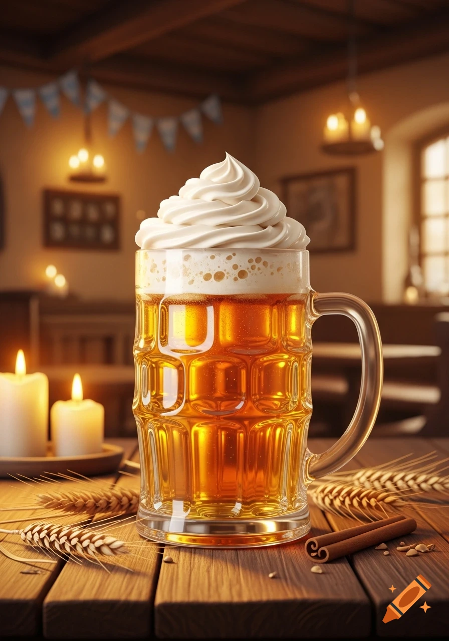 A photorealistic image of a mug of beer topped with whipped cream, on a wooden table with candles, wheat, and cinnamon sticks, in a warm pub setting.