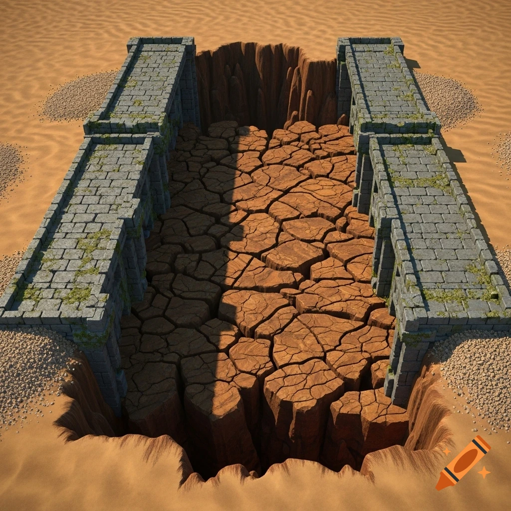A top-down view of an ancient desert landscape featuring a wide, sunken floor of dark orange-brown cracked sandstone flanked by elevated grey stone walkways with moss, resembling a pre-rendered game asset.