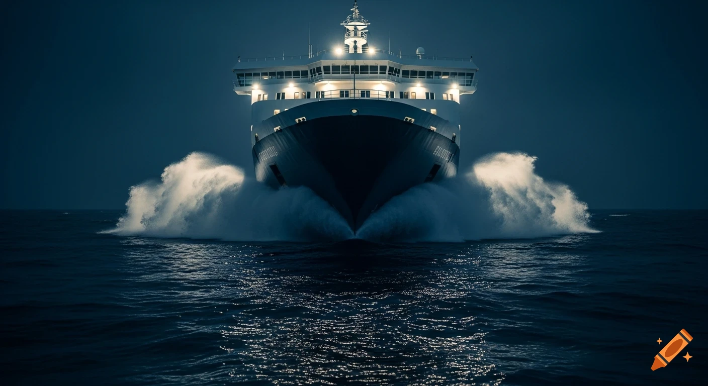 Front view of a large ferry cutting through dark ocean waves at night, illuminated by its own lights, creating splashes.