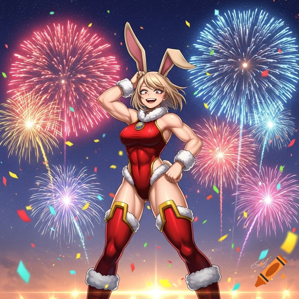 Mirko from My Hero Academia, a muscular blonde woman in a red bunny suit, smiles while posing with fireworks and confetti.