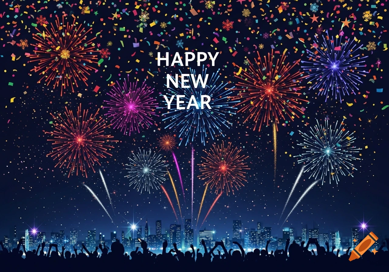 Colorful fireworks and confetti explode over a city skyline and a cheering crowd at night, with 'HAPPY NEW YEAR' text.