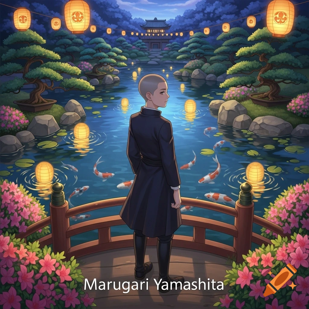Anime illustration of a person with a shaved head on a wooden bridge overlooking a Japanese garden pond with koi fish and floating lanterns at dusk.