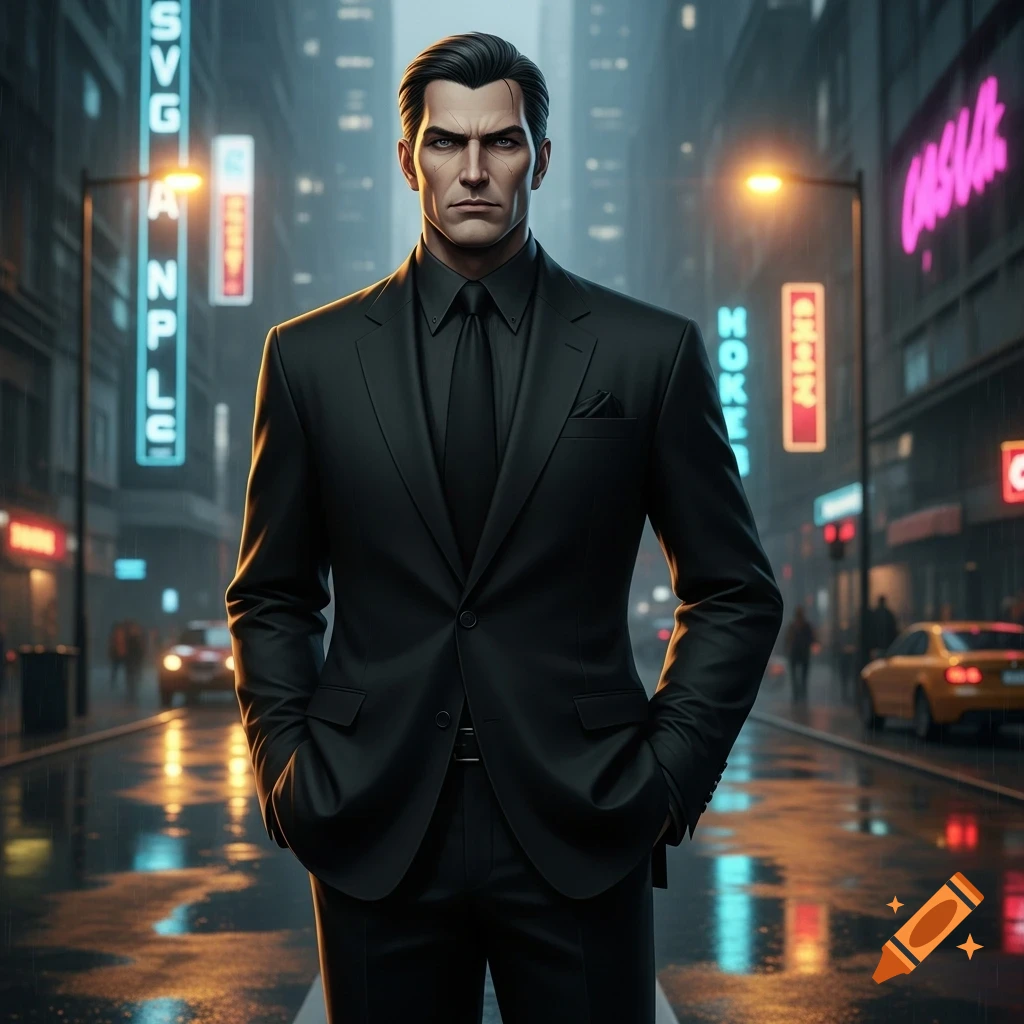 A stern man in a black suit stands on a wet, neon-lit city street at night, hands in his pockets.