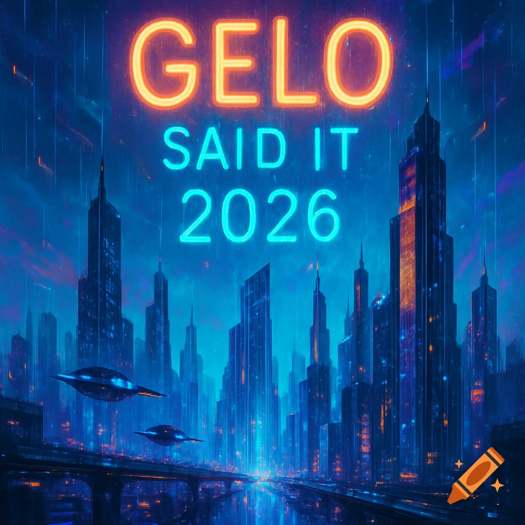 A vibrant, neon-lit futuristic cityscape at night with towering skyscrapers, flying vehicles, and 'GELO SAID IT 2026' in neon.