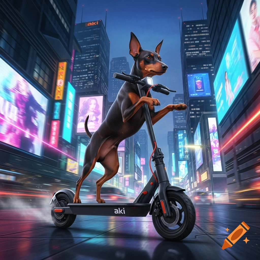 A Doberman Pinscher dog stands upright on an electric scooter, riding through a neon-lit city street at night, looking determined.