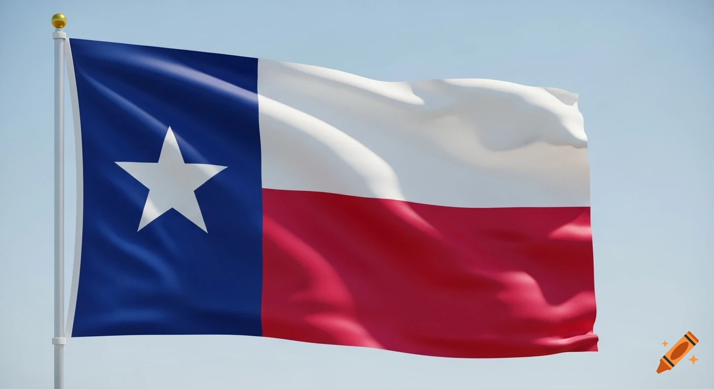 Photorealistic Texas flag, with a white star on a blue stripe and red and white horizontal stripes, waving against a clear blue sky.