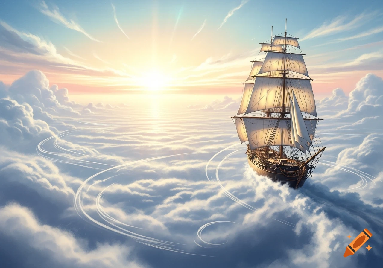A majestic sailing ship with white sails navigates through a sea of fluffy white clouds under a bright, radiant sunset sky.