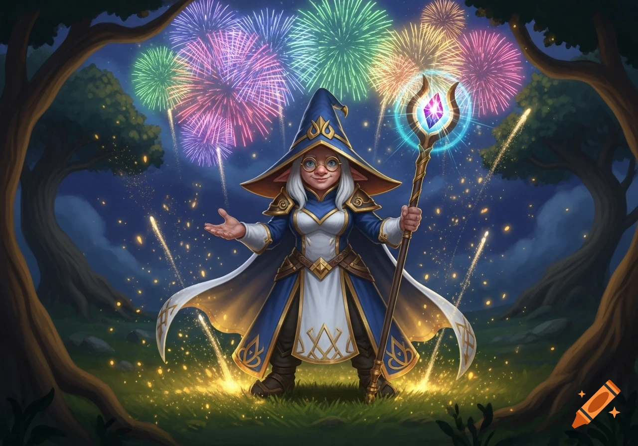 A female gnome cleric in blue and white with gold accents holds a glowing staff under a night sky filled with colorful fireworks.