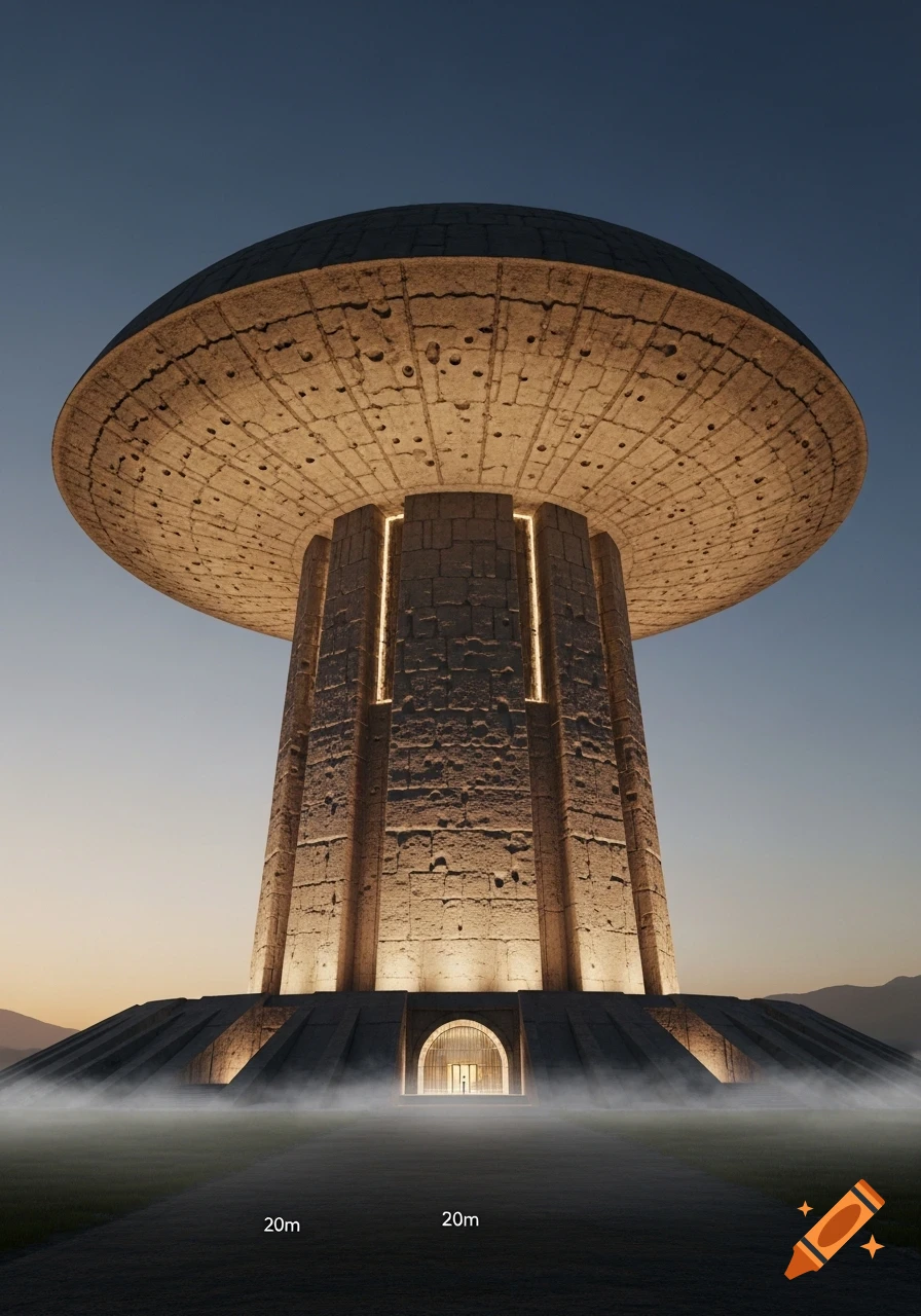 A massive, mushroom-shaped brutalist memorial structure with a wide base and glowing vertical lights, set against a twilight sky with a foggy ground level.