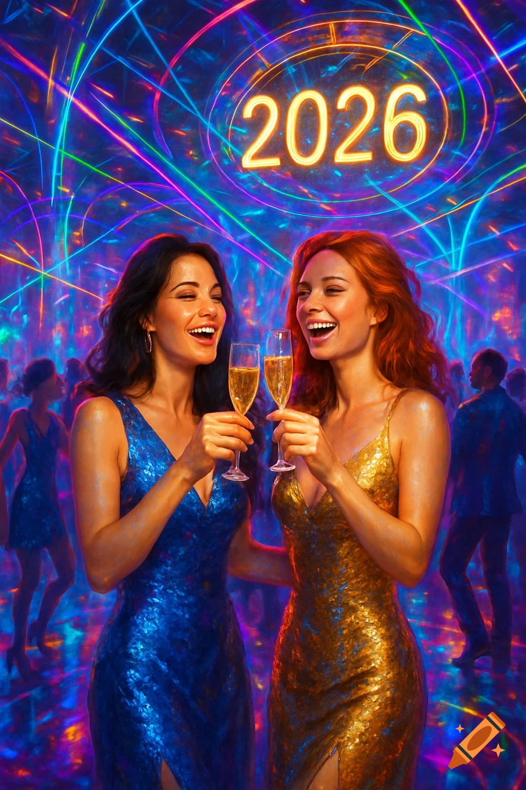 Two smiling women in sparkling dresses toast champagne at a vibrant New Year's Eve nightclub with glowing 2026 text.