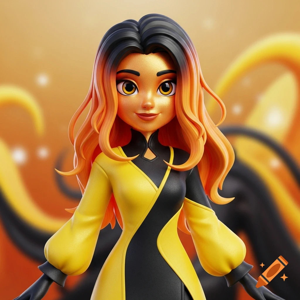 A close-up of a 3D cartoon character with long, wavy orange and black hair, wearing a yellow and black costume, smiling gently.