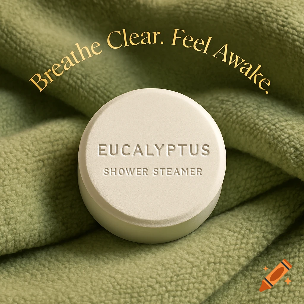 A white eucalyptus shower steamer puck rests on a soft sage green towel. Above it, gold foil text reads 'Breathe Clear. Feel Awake.'