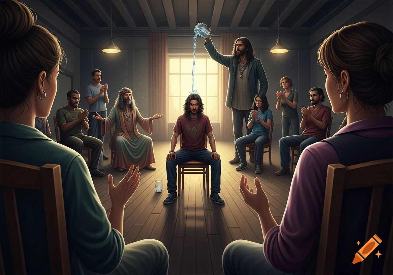 Diverse group in a circle, one man pours water on another's head while others clap and watch.