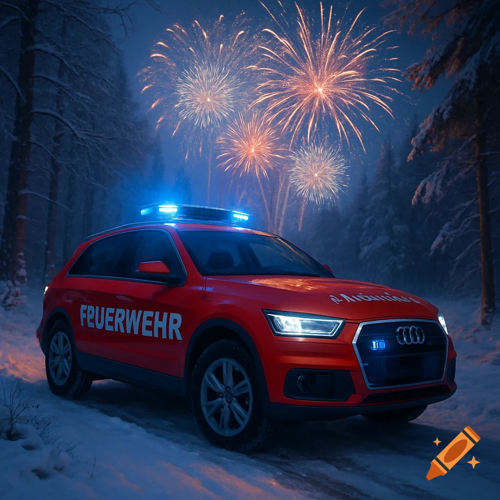 A red Audi Q5 fire truck with blue lights on a snowy road in a winter forest, with fireworks exploding in the night sky.