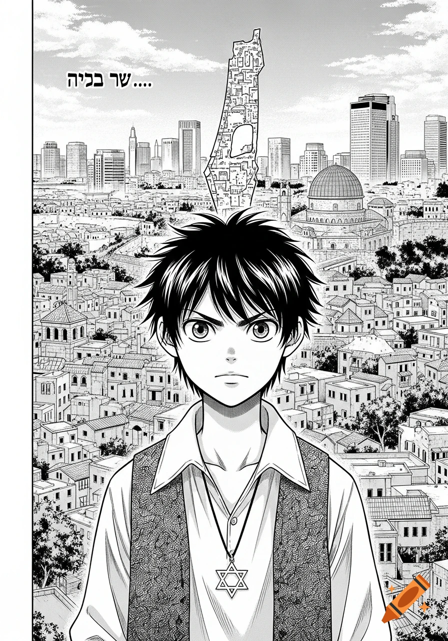 A black and white manga-style illustration shows a serious young boy wearing a Star of David necklace, with a cityscape and a map-shaped structure in the background.