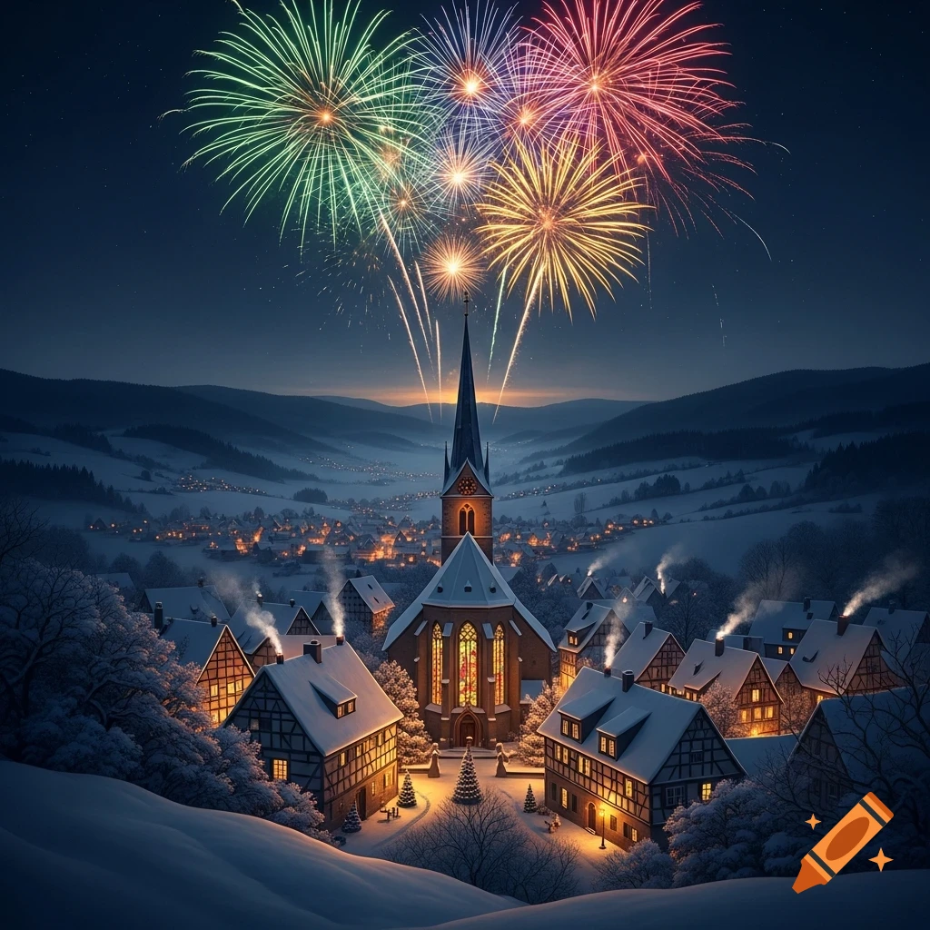 A snowy village with glowing windows and a church steeple under a vibrant fireworks display at night.