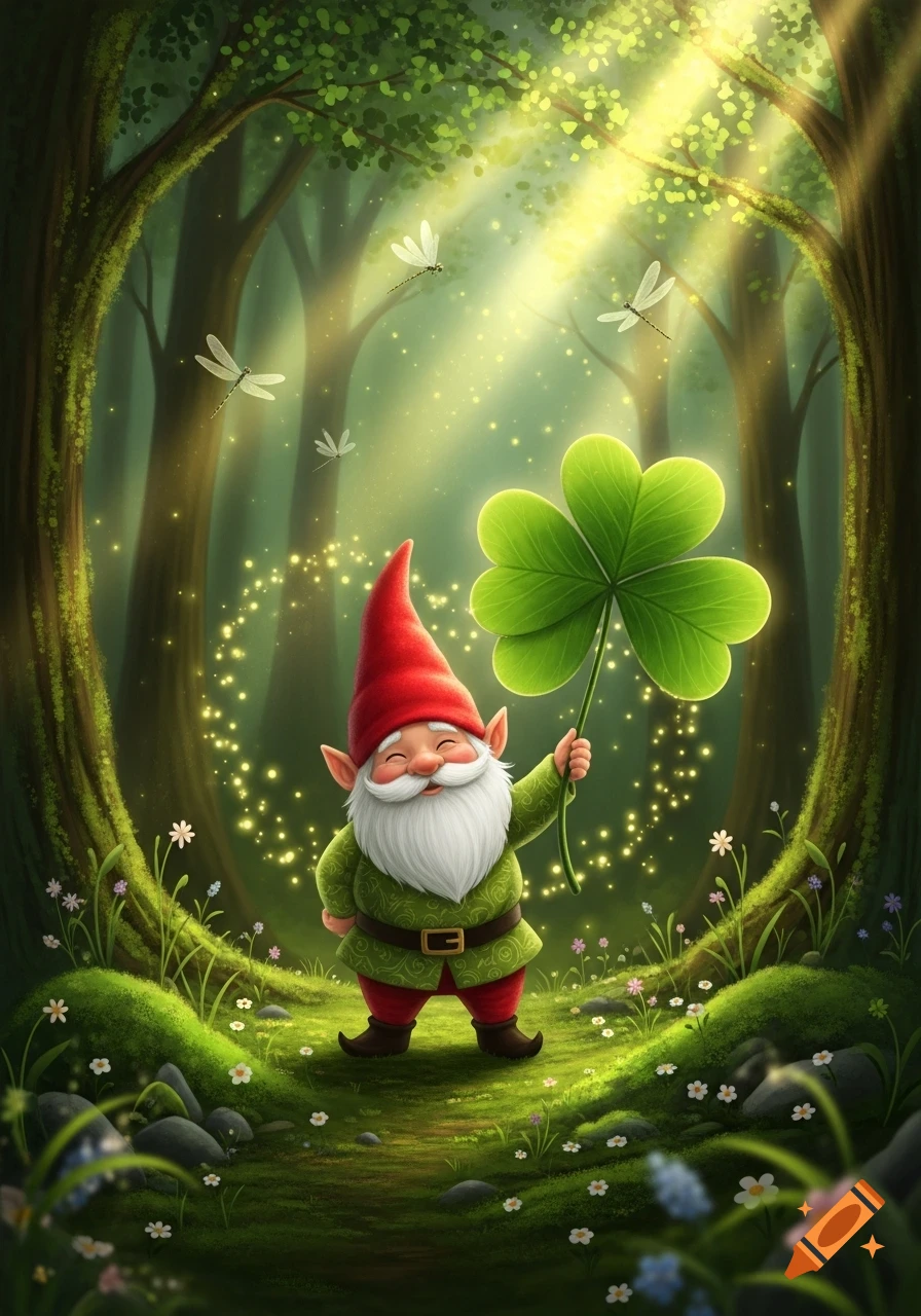 A smiling gnome in a red hat and green tunic holds a large shamrock in a magical forest with light rays and fireflies.