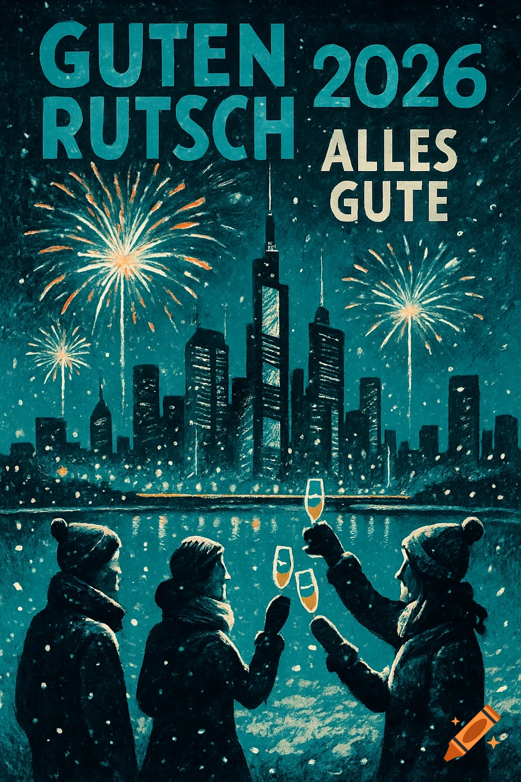 Stylized New Year's Eve illustration with three people toasting champagne under fireworks over a snowy city skyline. Text: Guten Rutsch 2026 Alles Gute.