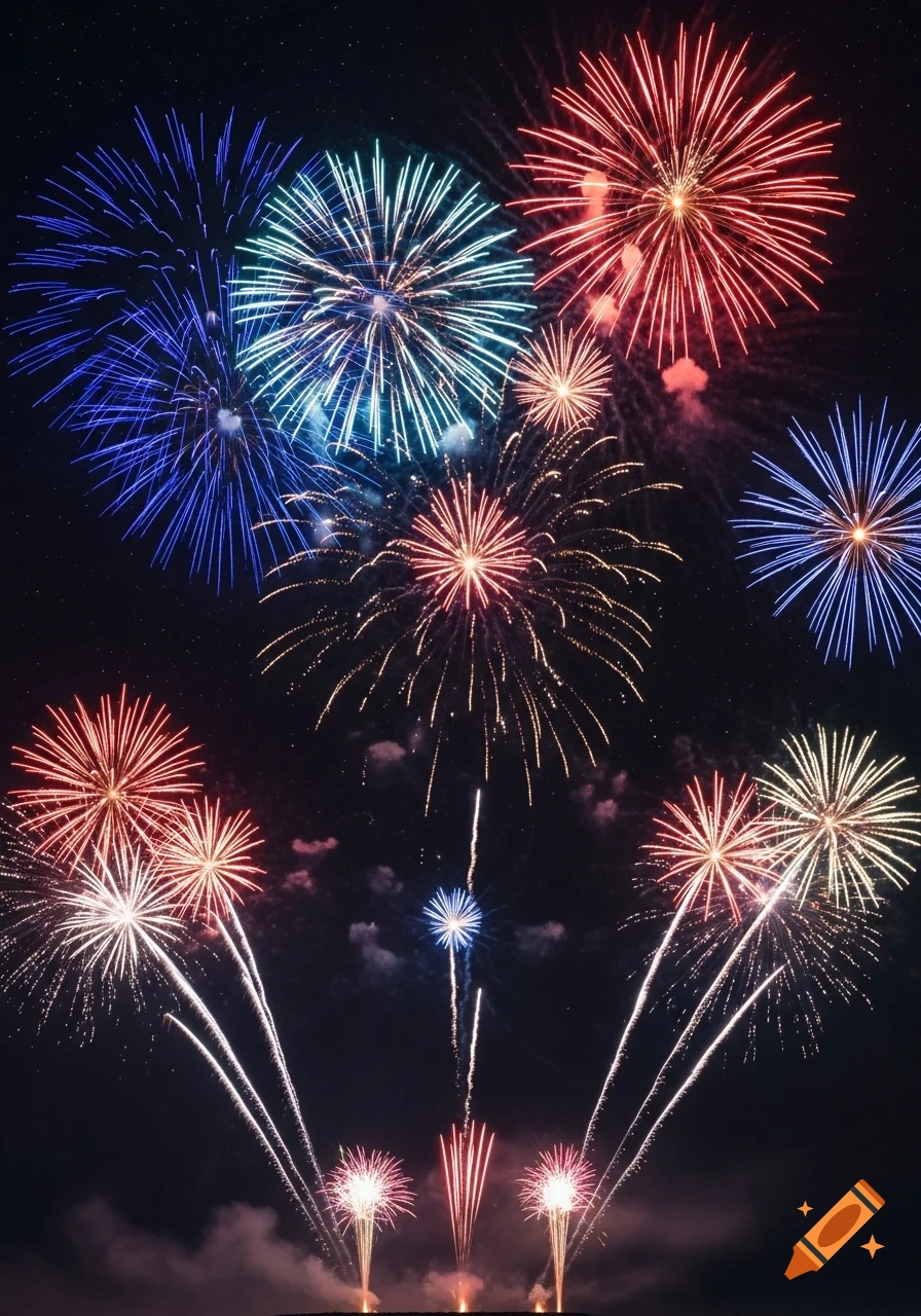 Vibrant fireworks explode in various colors across a dark night sky, with trails of smoke at the bottom.