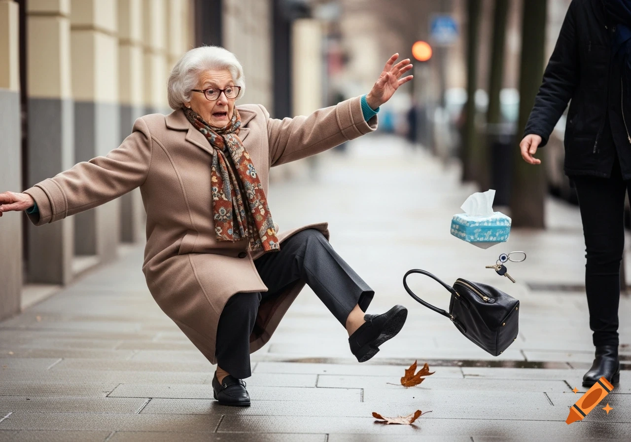 An elderly woman in a beige coat stumbles on a wet sidewalk, arms out, as her handbag, keys, and tissues fly into the air.