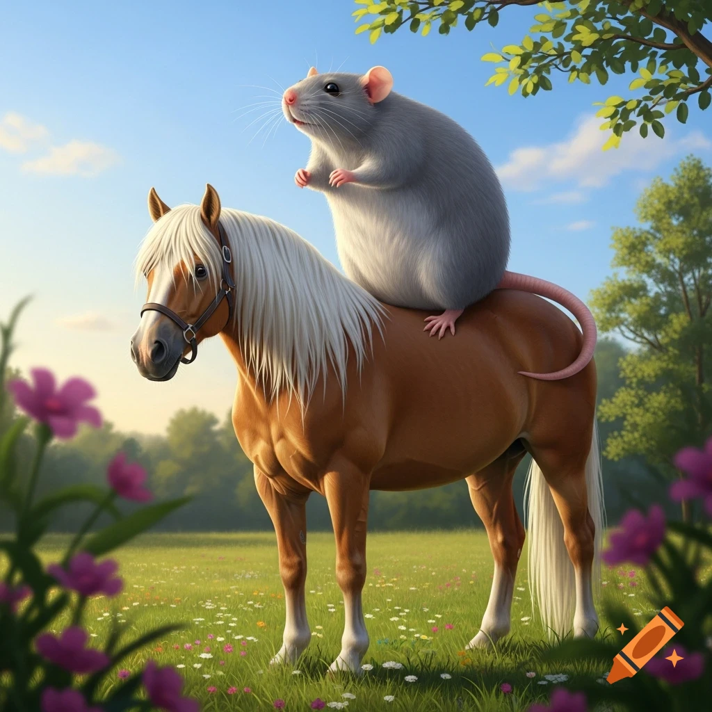 A large, plump grey rat sits atop a brown horse with a white mane in a sunlit grassy field with wildflowers.
