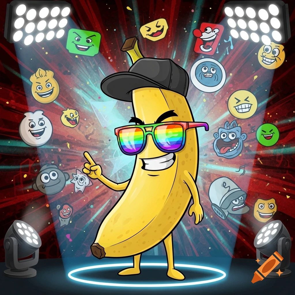 A cool cartoon banana character in rainbow sunglasses and a cap points confidently on a stage with spotlights and various emojis floating around.