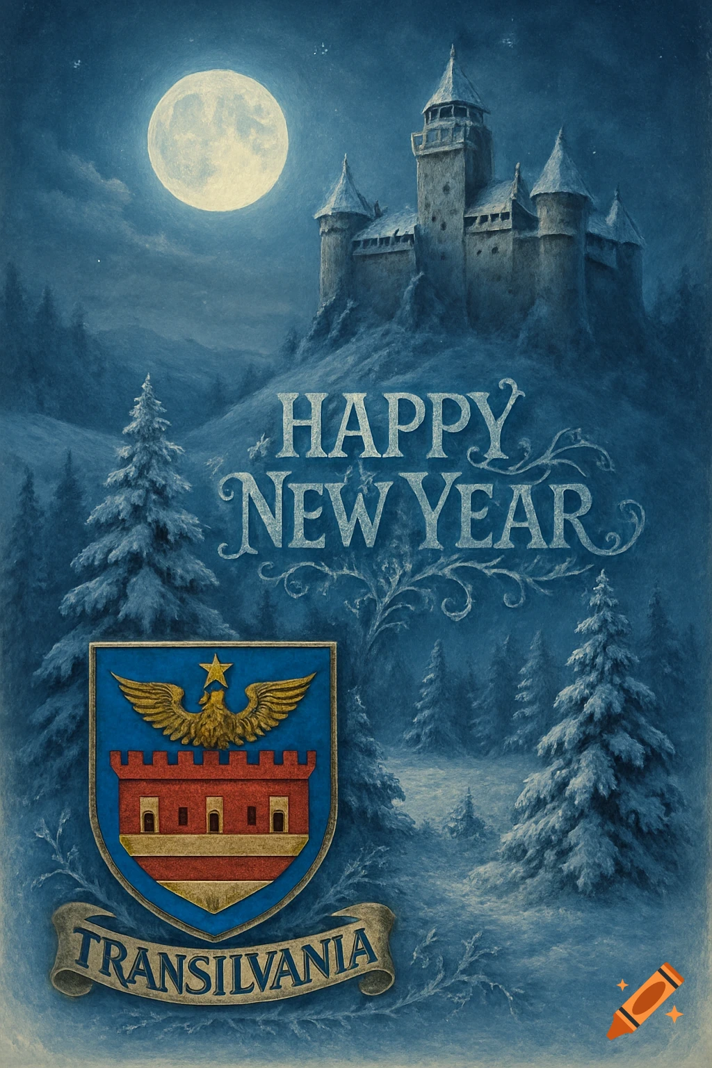 A blue-toned winter landscape with a full moon over a castle and snowy pines. The text "HAPPY NEW YEAR" appears above a shield with a red castle and golden eagle, with "TRANSYLVANIA" on a banner below.