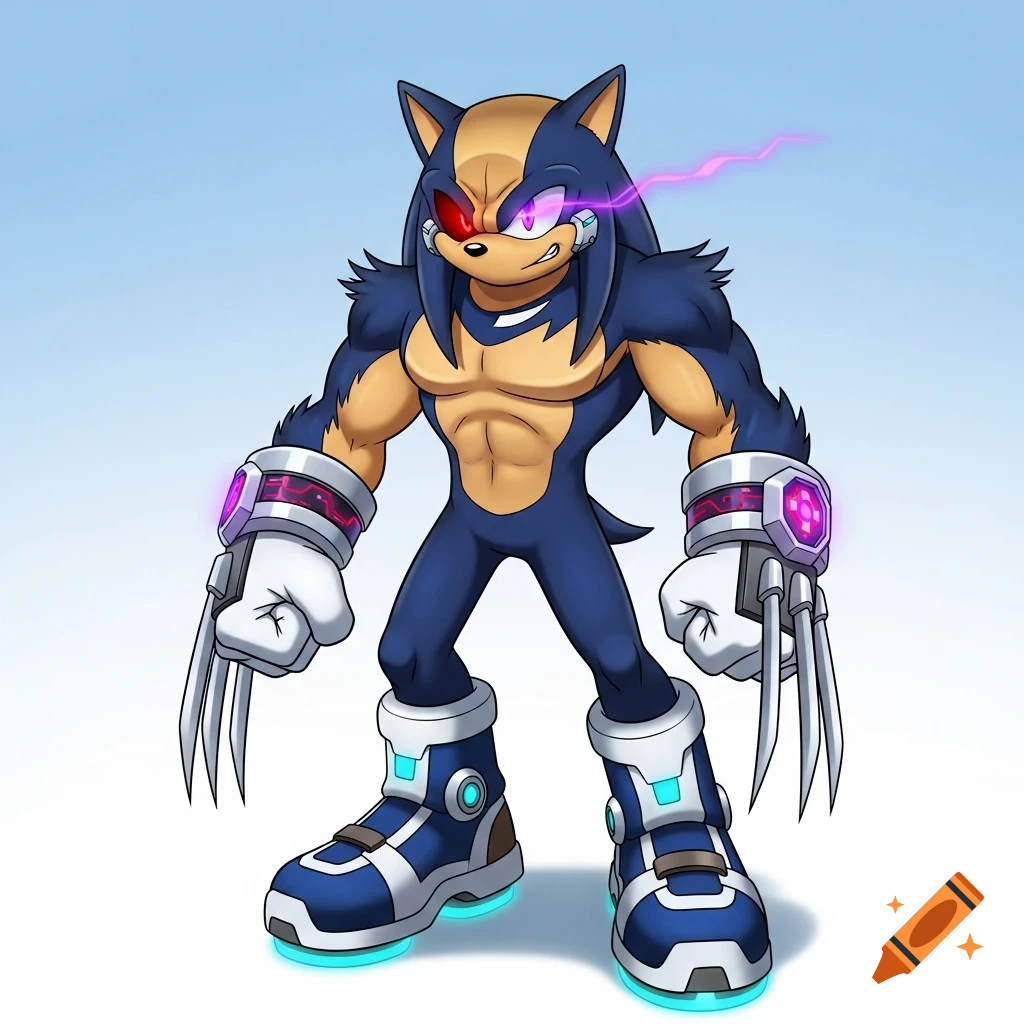 Muscular blue and tan anthropomorphic wolverine character with glowing red and purple eyes, white gloves with claws, and blue sci-fi boots.