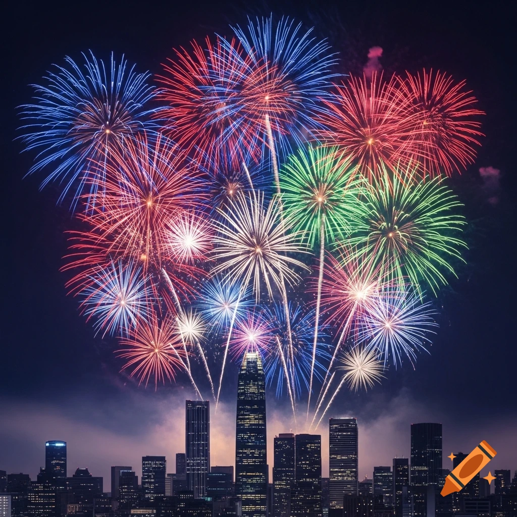 Vibrant red, blue, and green fireworks explode over a dramatic city skyline at night.