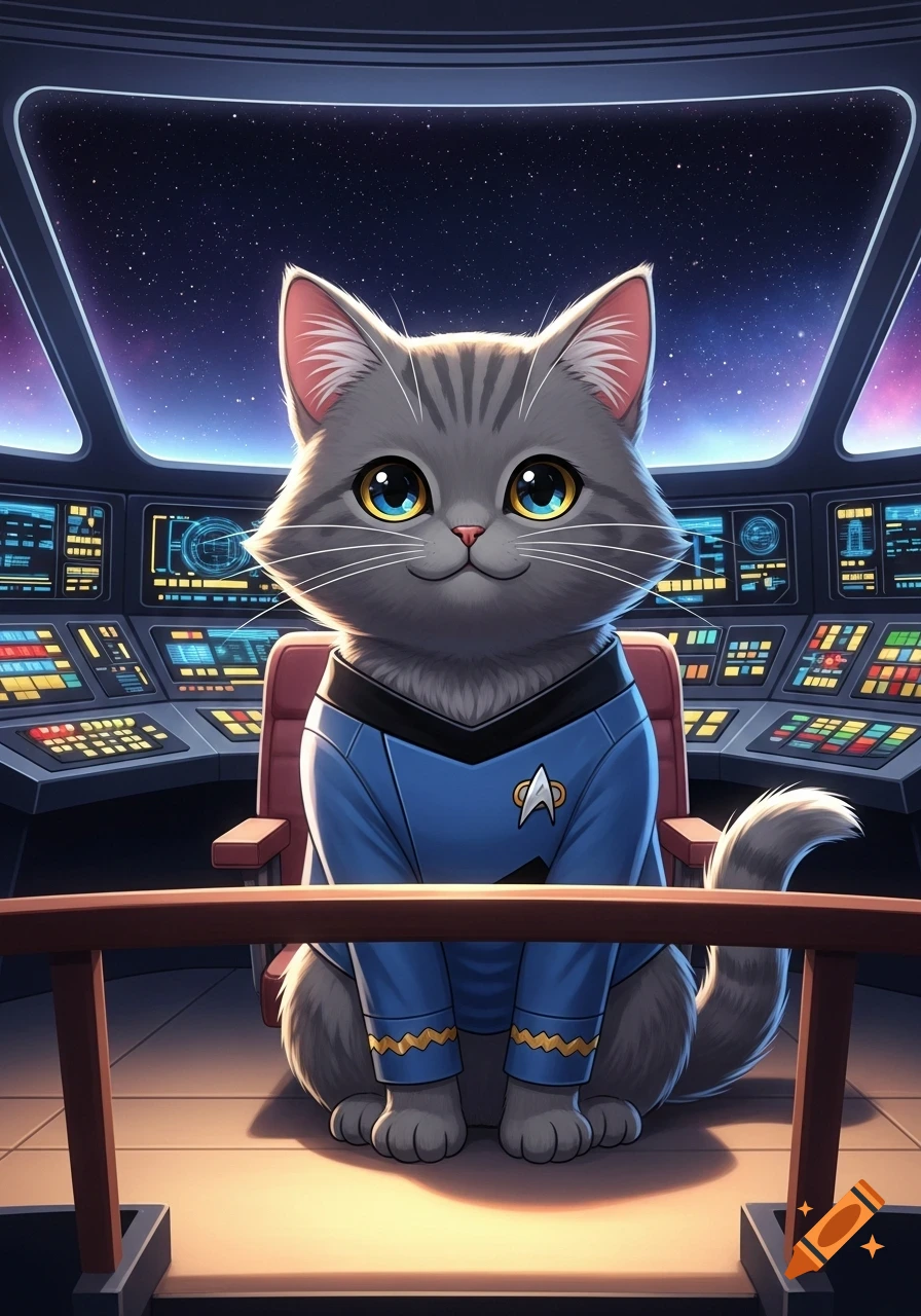 A cute gray floofy cat wearing a blue Star Trek uniform in an anime style on a spaceship bridge.