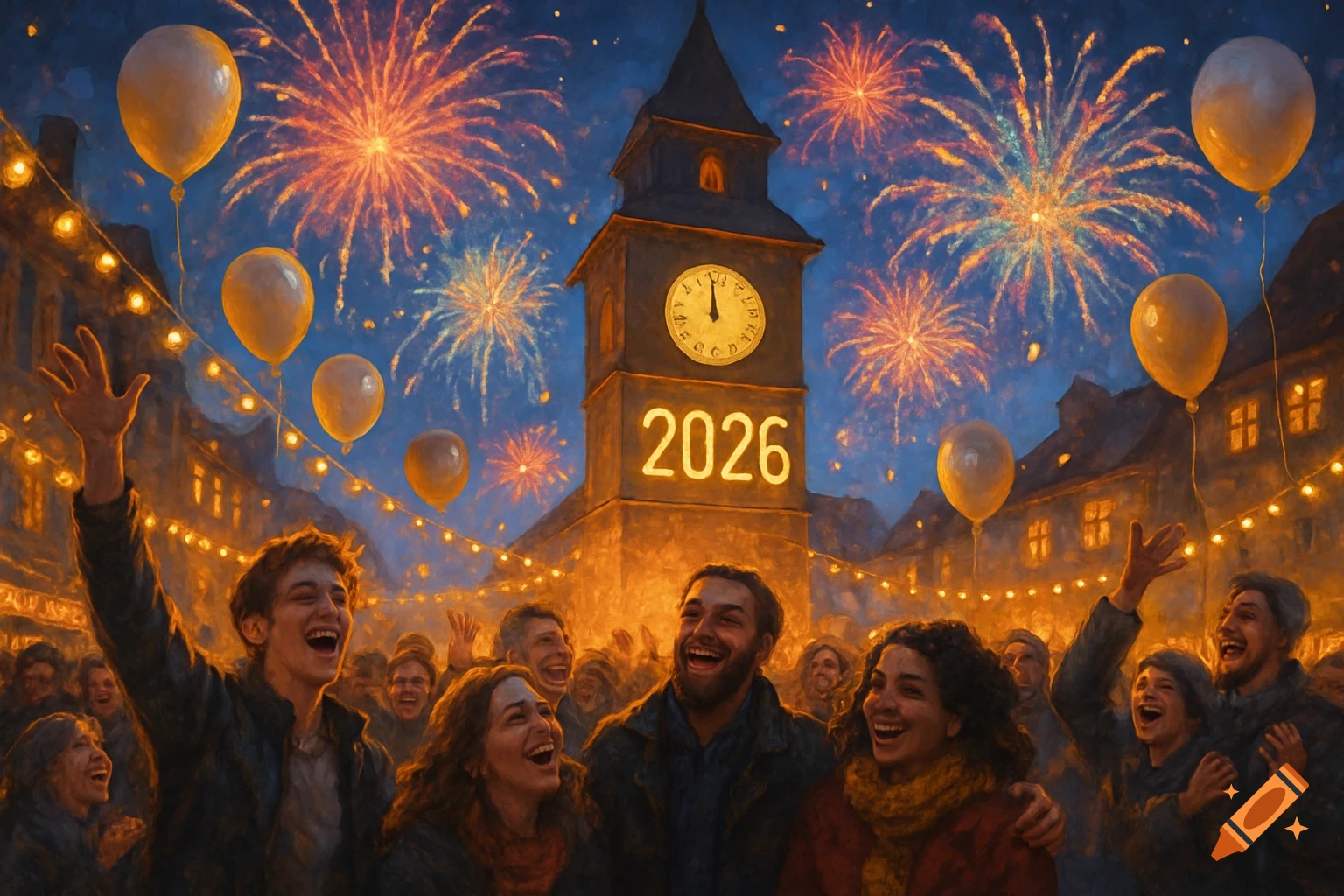 A crowd of joyful people celebrates New Year's Eve with fireworks exploding over a clock tower displaying '2026' in a painterly style.