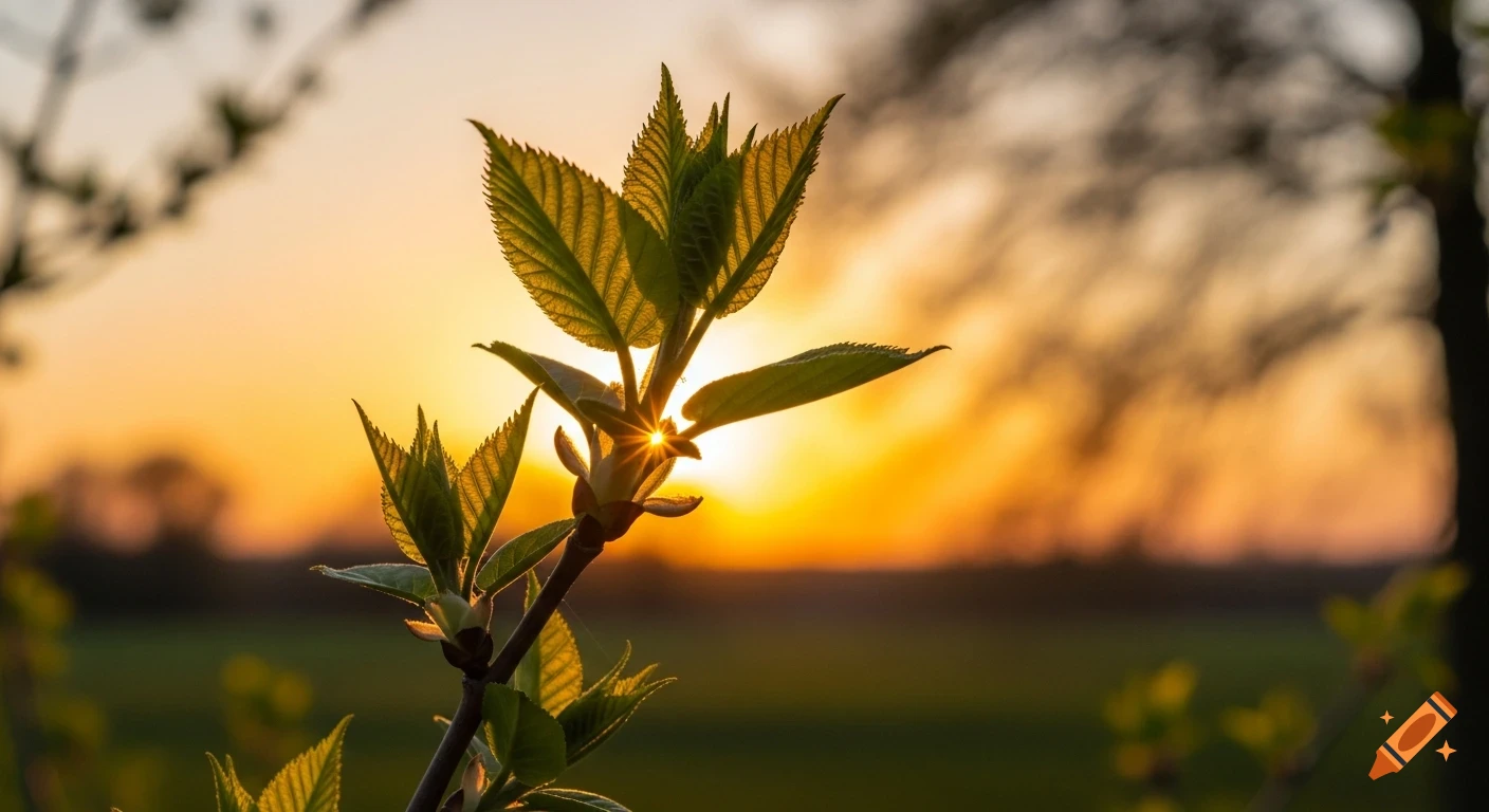 Close-up of vibrant green leaves on a branch silhouetted against a warm, orange-pink sunset with a soft lens flare.