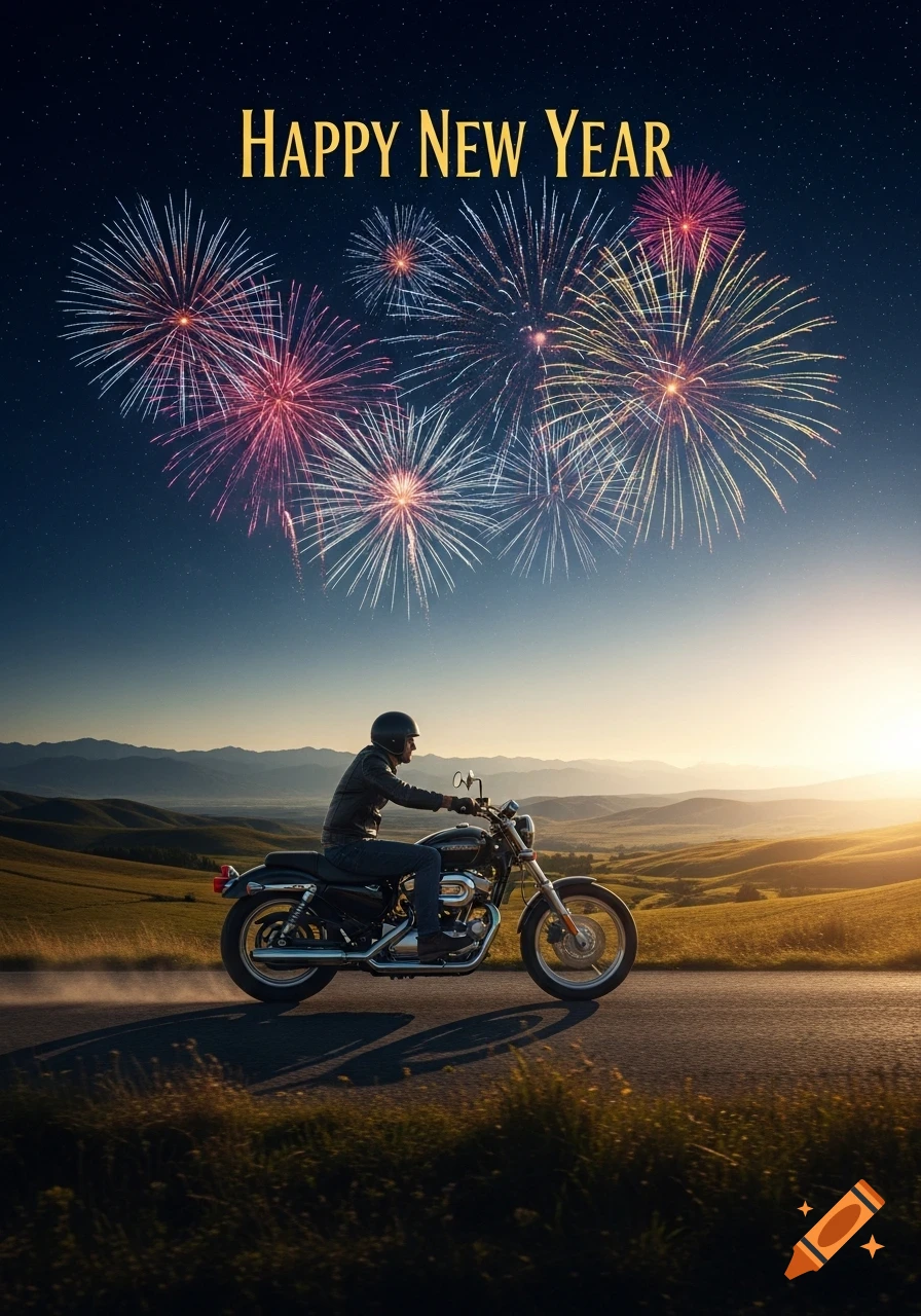 Motorcyclist on a road, silhouetted against a sunset, watches fireworks explode over rolling hills. Text says 'HAPPY NEW YEAR'.