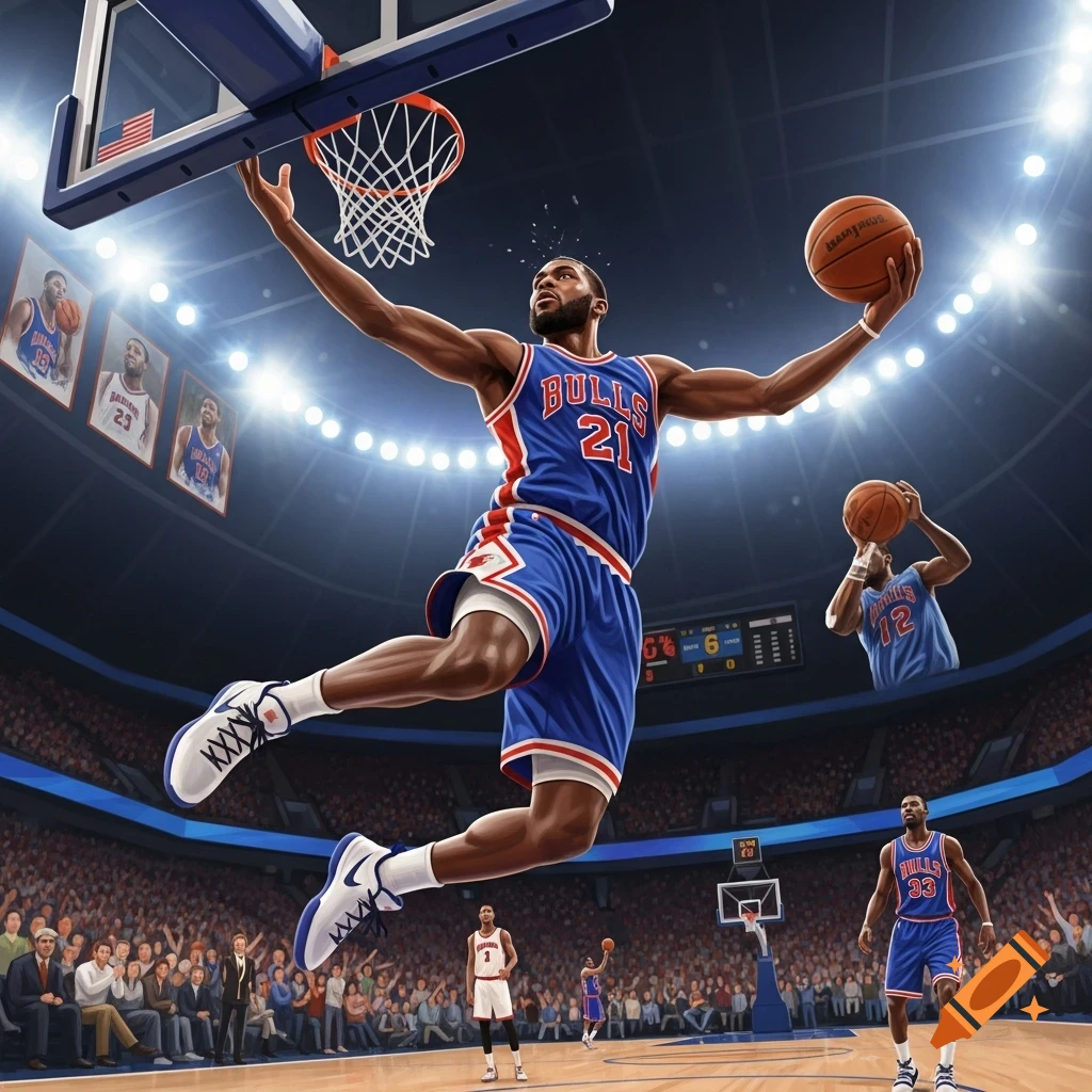 An athletic basketball player in a blue "BULLS 21" jersey performs a dunk in a brightly lit arena, surrounded by a crowd.