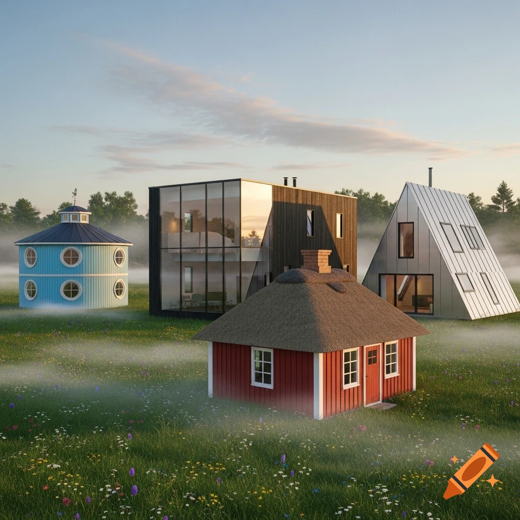 Four unique houses, including a round blue house, a modern glass building, a red thatched cottage, and a silver A-frame, stand in a misty field.