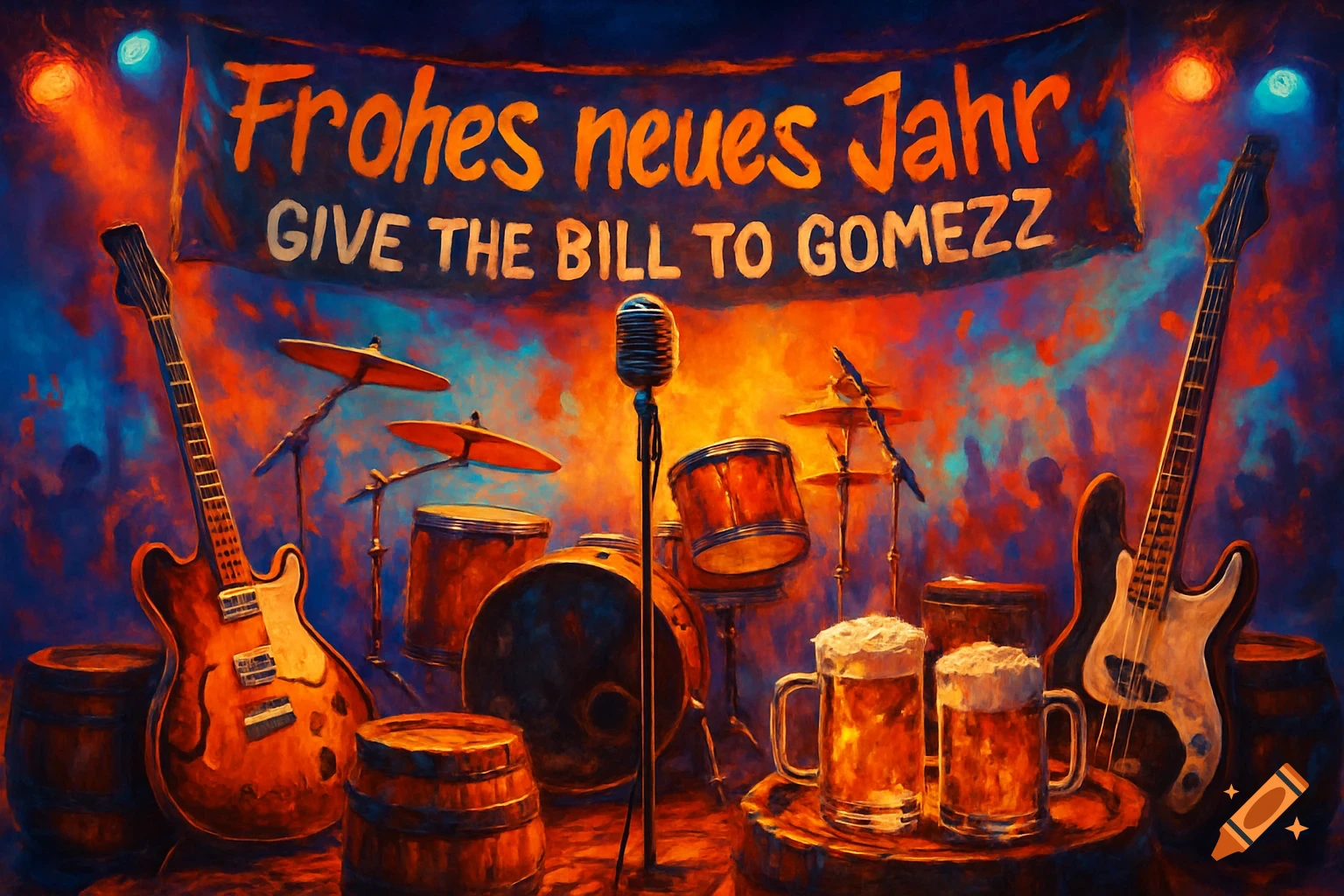 Painterly scene of a stage with guitars, drums, microphone, beer mugs, and a banner reading 'Frohes neues Jahr GIVE THE BILL TO GOMEZZ'.