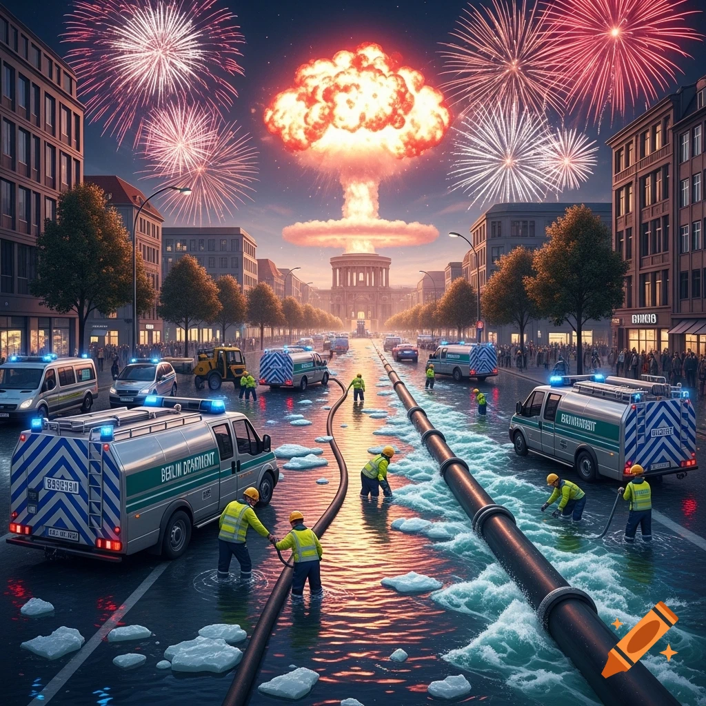 A surreal scene of a flooded city street at night with workers in yellow attending to pipes, beneath a mushroom cloud explosion and fireworks.