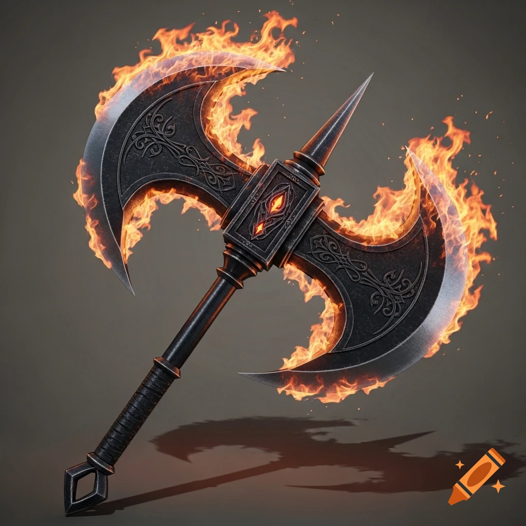 A black metal double-bladed axe wreathed in orange flames, with ornate patterns, against a simple grey background in digital realism style.