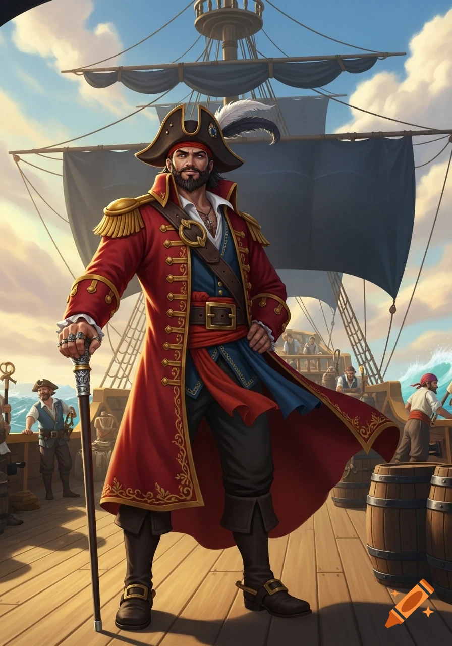 A confident pirate captain in a red coat and tricorn hat stands on a ship deck, holding a cane, with other pirates and rigging in the background.