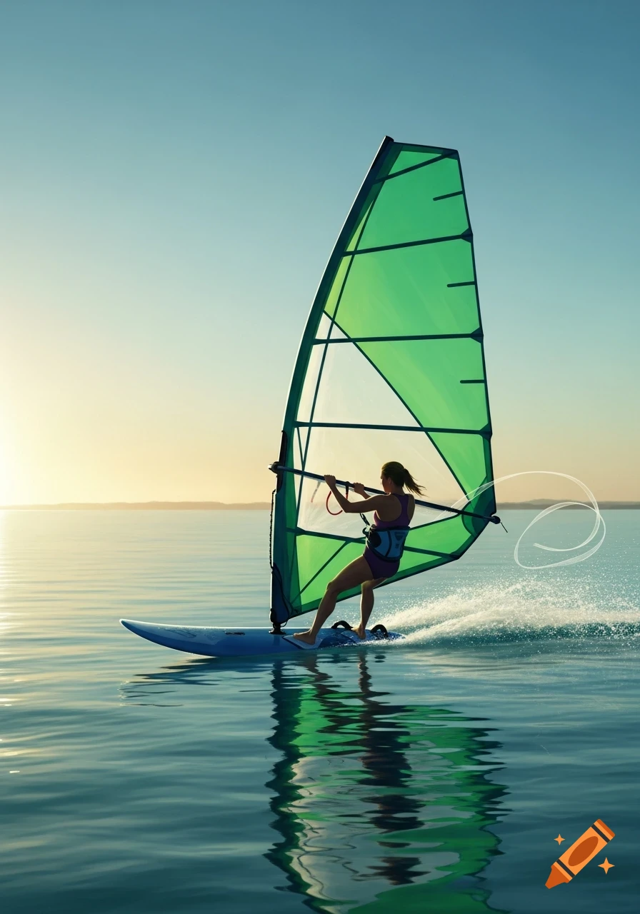 A woman windsurfing with a vibrant green sail on calm water, reflected in the surface, under a clear sky during sunset.