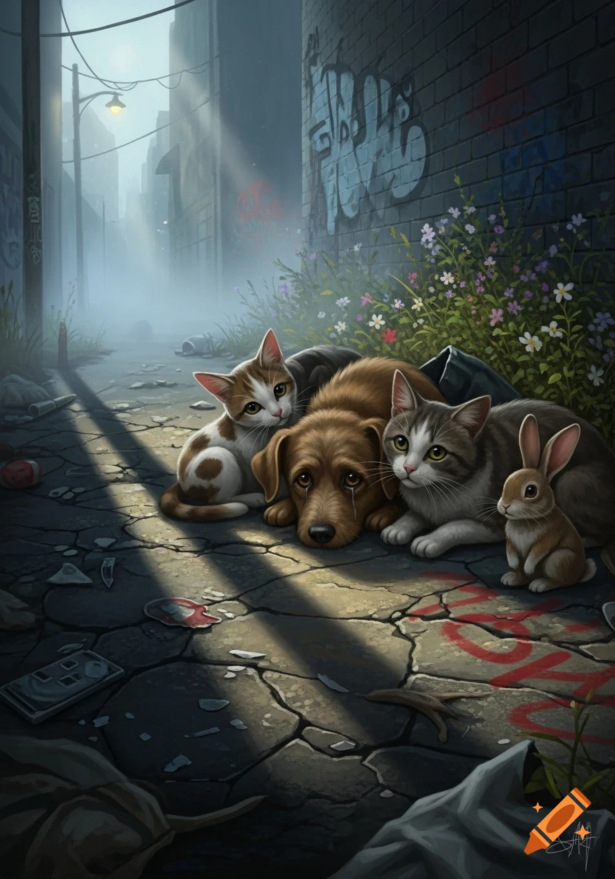 A digital painting shows a sad brown dog crying, nestled between two cats and a rabbit on a cracked alley ground with graffiti and wildflowers.