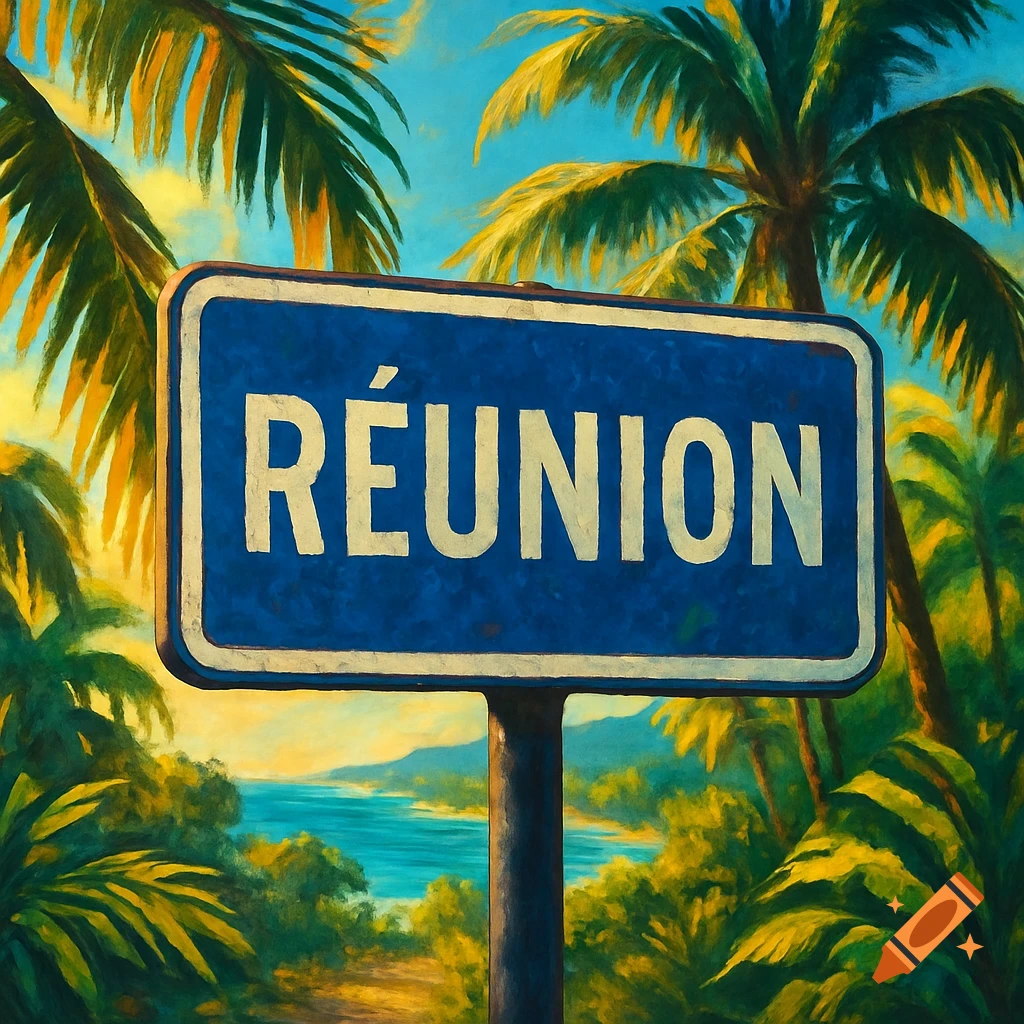 A blue road sign with 'RÉUNION' in white text stands against a vibrant, painterly tropical background of palm trees, ocean, and mountains.