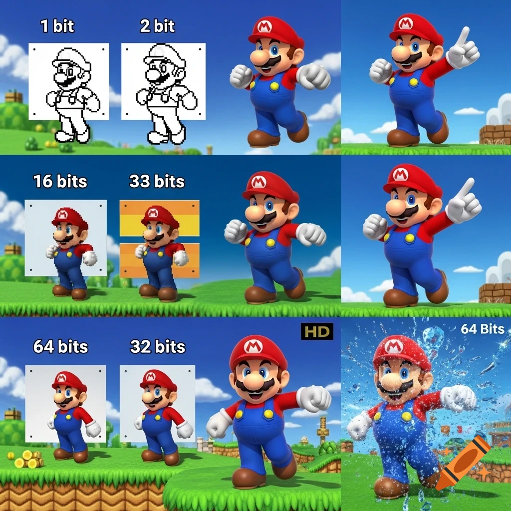 A 3x3 collage of Mario images, showing his evolution from 1-bit pixel art to detailed 3D renders, including a water effect scene.