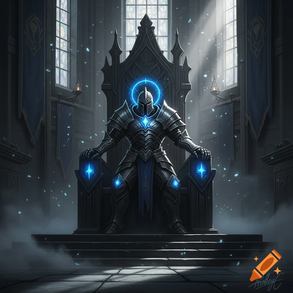 An armored figure with blue glowing accents sits majestically on a dark gothic throne in a dimly lit hall with light rays. Epic fantasy.
