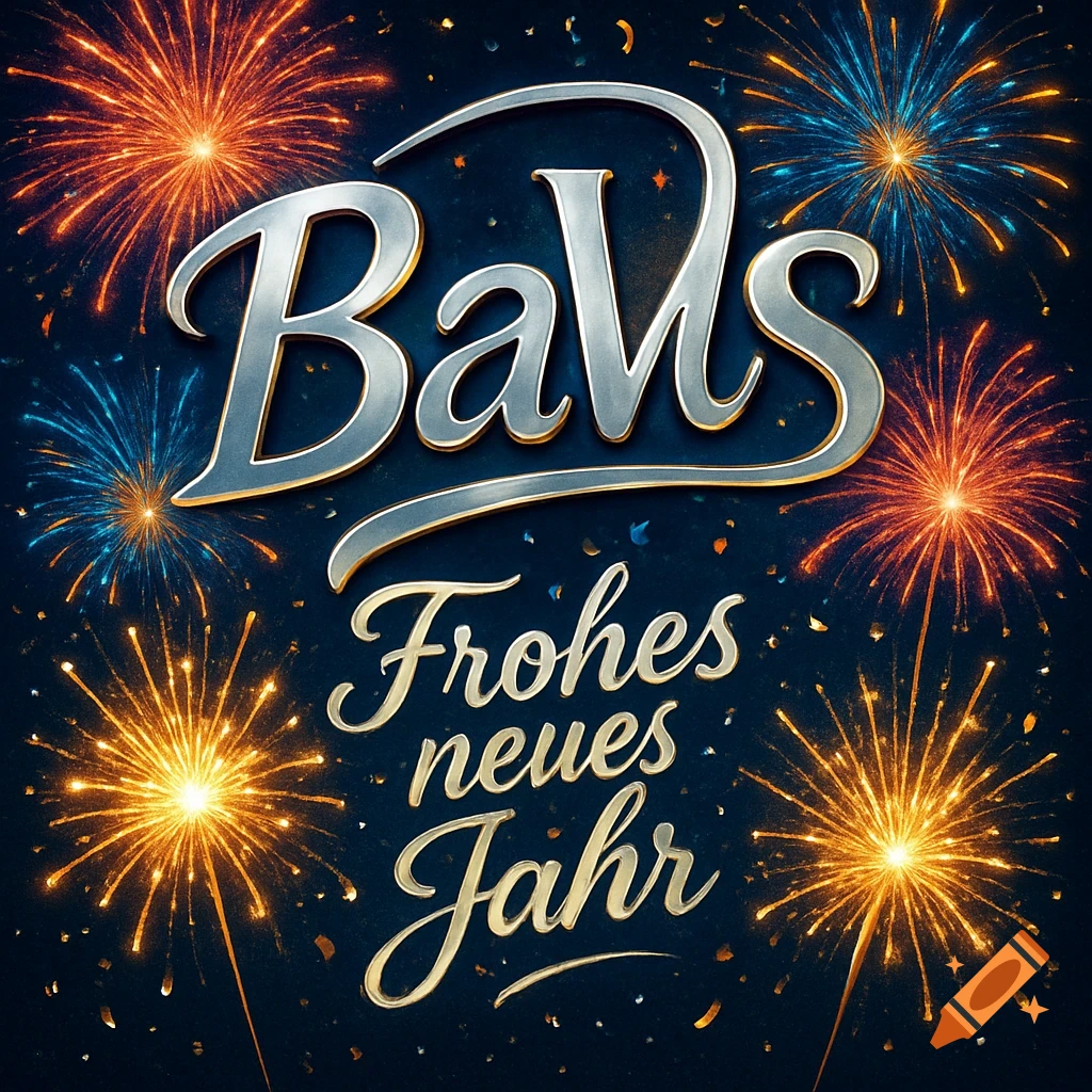 Metallic text "BaWs Frohes neues Jahr" surrounded by colorful fireworks on a dark blue background.