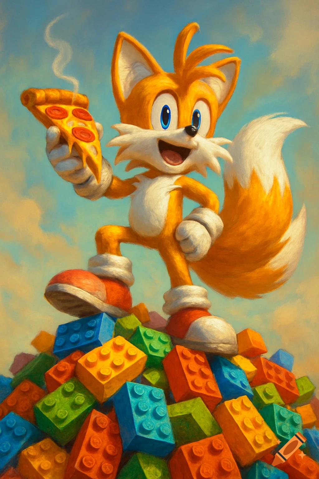 Tails the Fox stands on a pile of colorful LEGO bricks, holding up a steaming slice of pepperoni pizza in a painterly style.