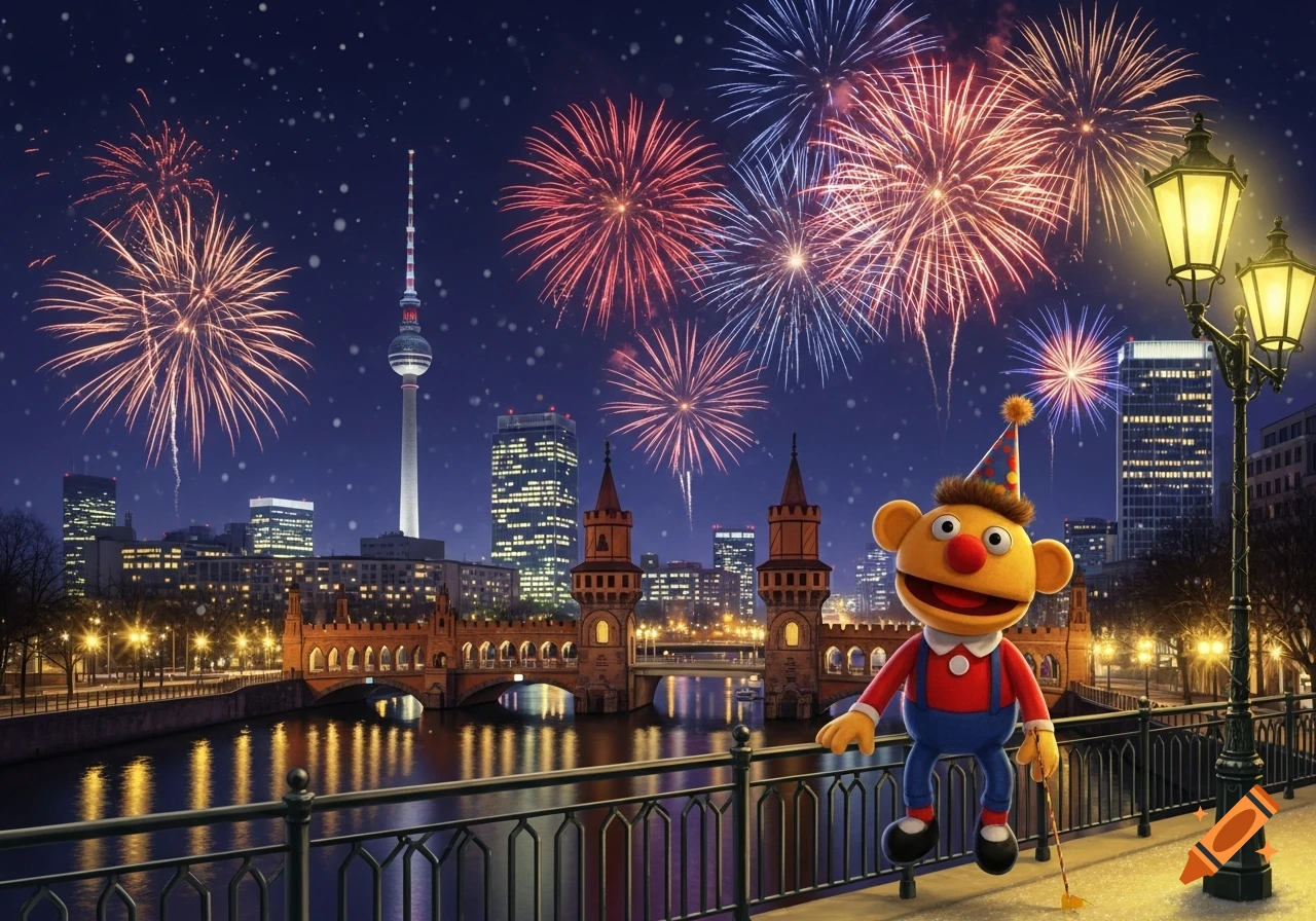 Pittiplatsch puppet on the Oberbaum Bridge in Berlin with fireworks illuminating the night sky during a New Year's Eve celebration.