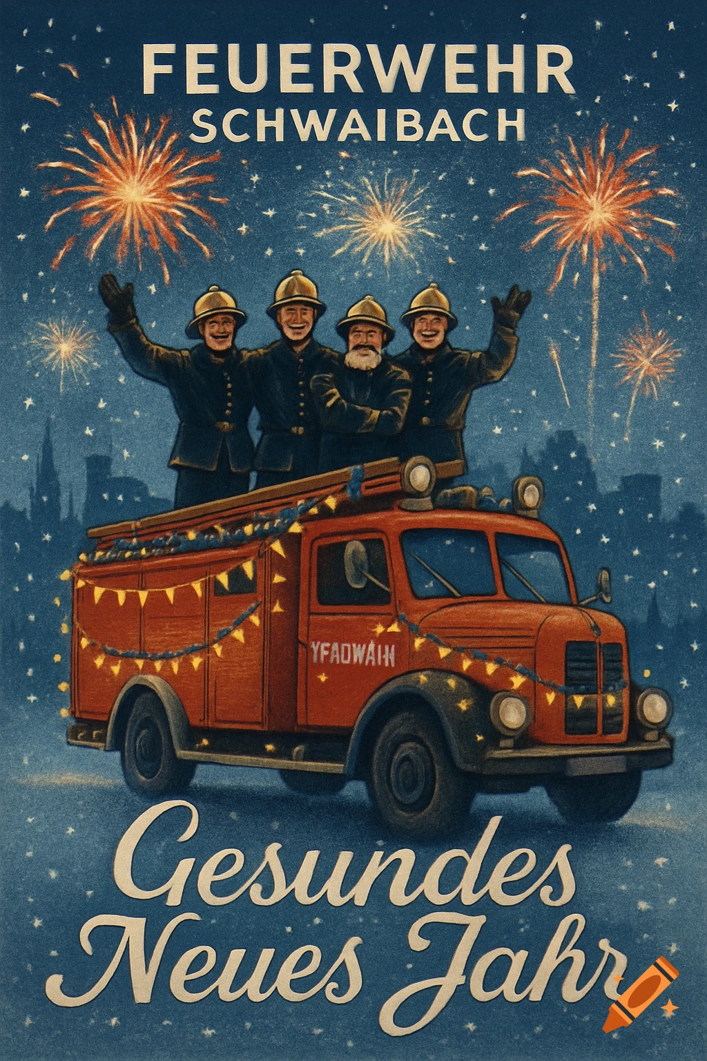 Vintage illustration of four happy firefighters on top of a decorated fire truck under a sky with fireworks. Text says "FEUERWEHR SCHWAIBACH" and "Gesundes Neues Jahr".